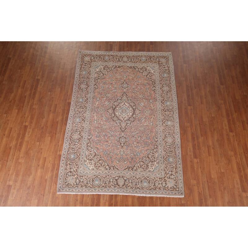 Traditional Pink Mashad Persian Vintage Rug Handmade Wool Carpet - 6'5"x 9'5"