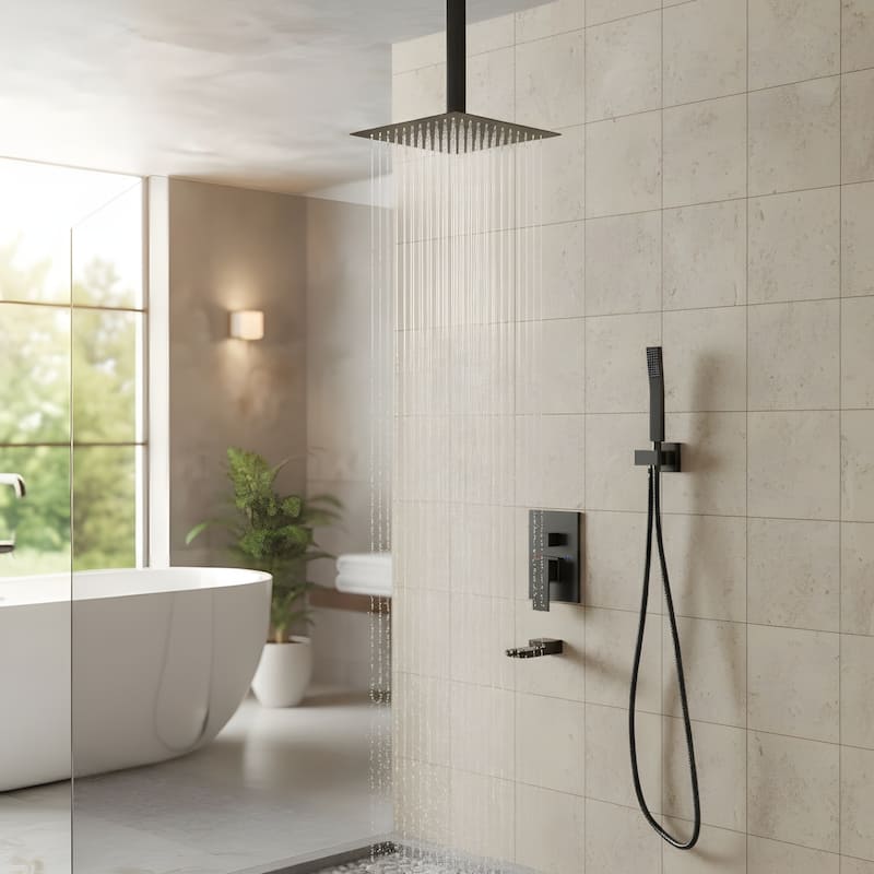 Ceiling Mount Shower with Waterfall Tub Spout and Hand Shower - 12" - Matte Black