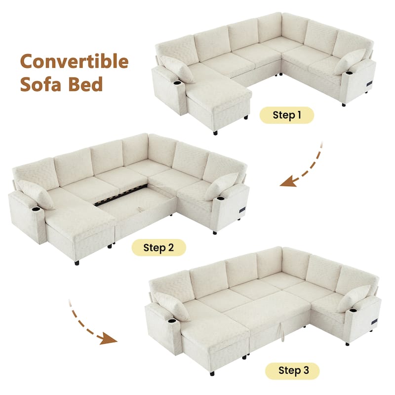 109.9" U-Shaped Convertible Sectional Sofa Bed with Storage Chaise Cup Holders Power Outlets USB Ports Chenille Couch