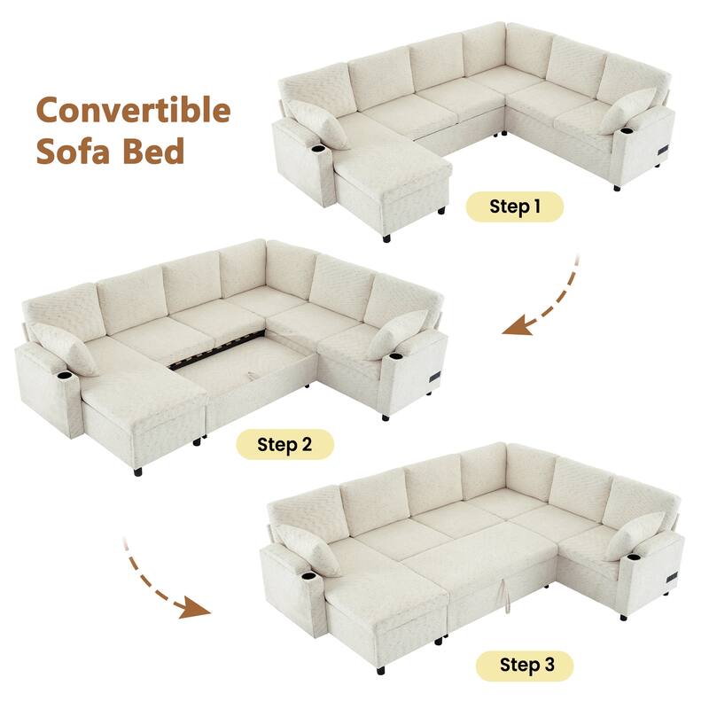 U-Shaped Sectional Sofa with Sleeper Bed, Hidden Storage & Power Ports by Harper&Bright Designs