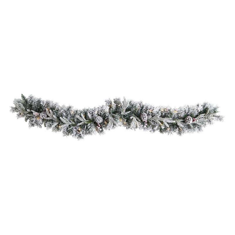 Pre-Lit Flocked and Pine Cones Artificial Christmas Garland - 6’ x 8" - Clear LED Lights