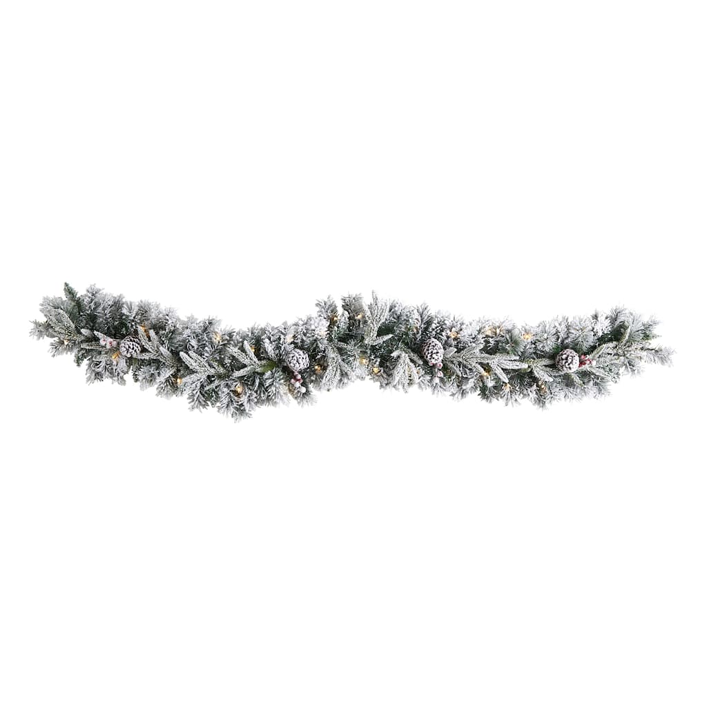 Pre-Lit Flocked and Pine Cones Artificial Christmas Garland - 6’ x 8" - Clear LED Lights