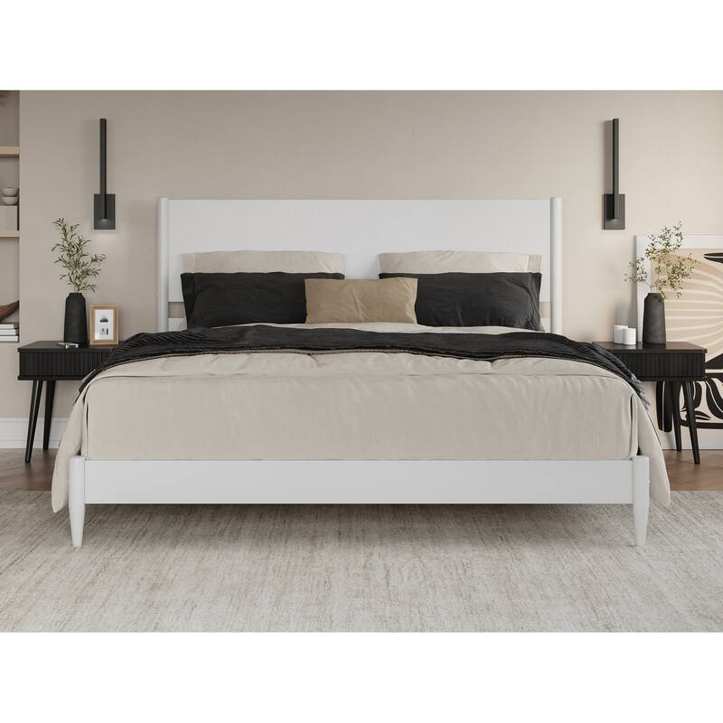 King Size Solid Wood Platform Bed - Low Profile Modern Bed Frame in White Finish