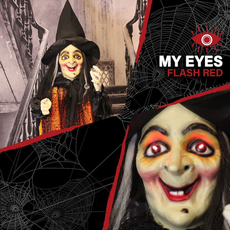 5.42-ft. Standing Witch, Indoor/Covered Outdoor Halloween Decoration, LED Red Eyes, Poseable, Scarlet