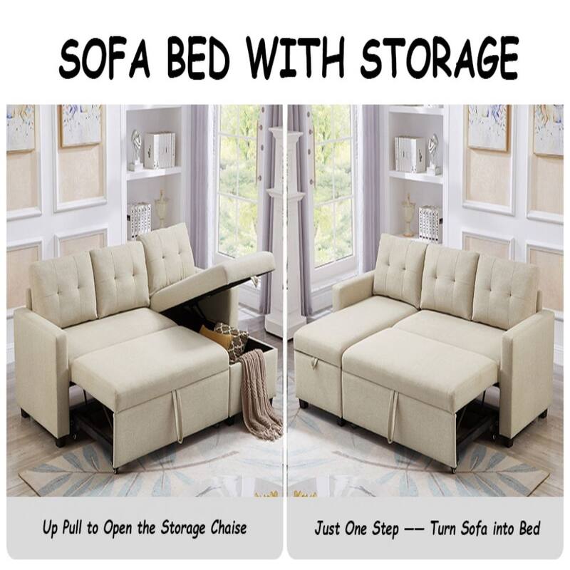 Upholstered Pull Out Sectional Sofa with Storage Chaise, Convertible Corner Couch