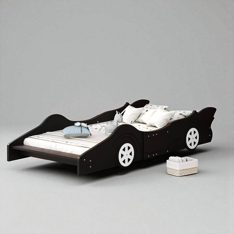 Twin/Full Size Race Car Platform Bed for Kids with Wheels and Side Rails, No Box Spring Needed - Black - Twin