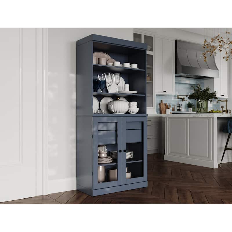 100% Solid Wood Kitchen Pantry Cabinet with 2 Clear Glass or Solid Wood Doors and 2-Drawer Organizer by Palace Imports