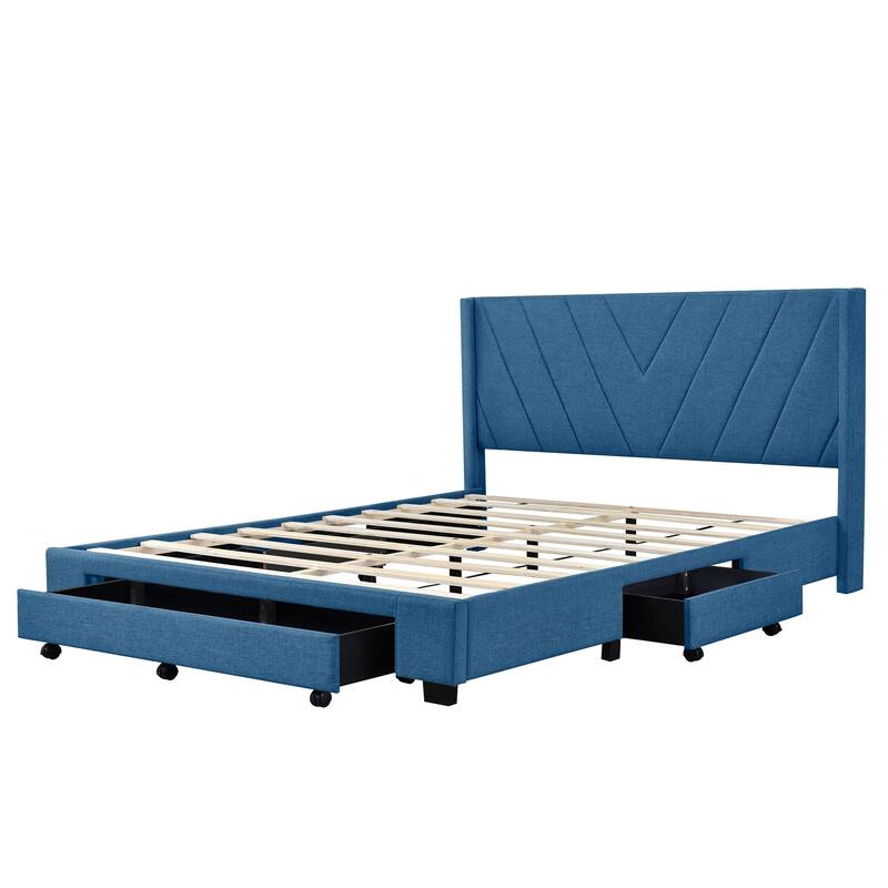 Storage Bed Linen Upholstered Platform Bed with 3 Drawers