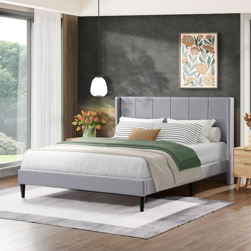 Queen Bed Frame with Wingback/Linen Upholstered Platform Bed with Square Stitched Headboard/Wood Slats Support/Solid Wood Legs