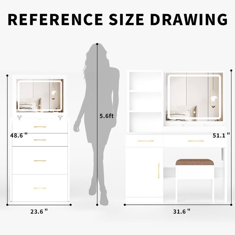 Makeup Vanity Table with LED Mirror, Power Outlet, Storage Cabinet, Cushioned Stool, 32" Wide