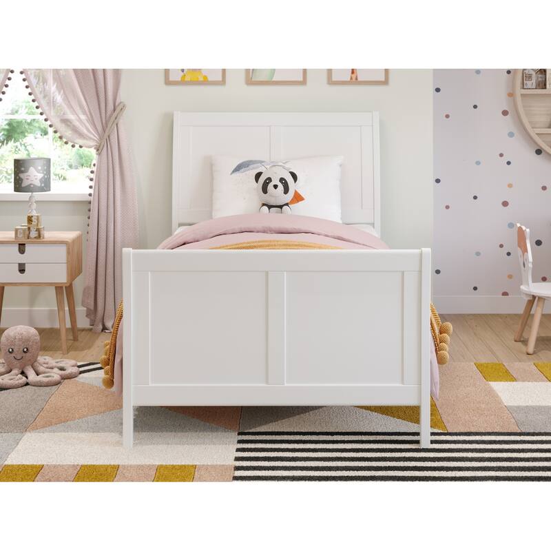 Solid Wood Sleigh Bed Frame Twin Low Profile Platform Bed with Footboard - White Finish