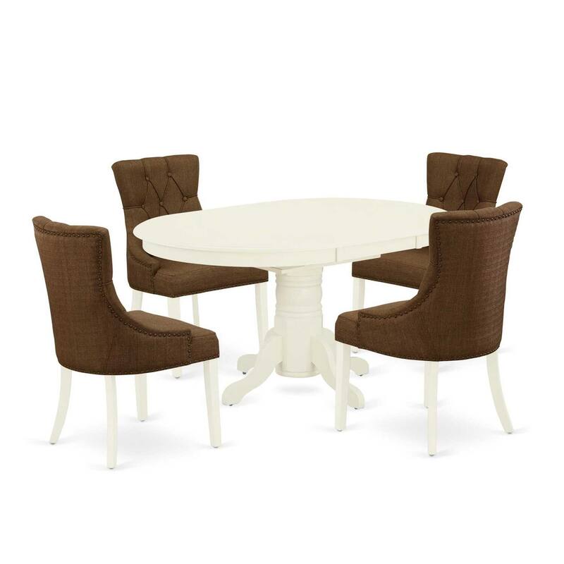 HomeStock 5-Piece Oval Linen White Finish Solid Wood Top Dining Table with 4 Parson Chair with Butterfly Leaf Lattice Back