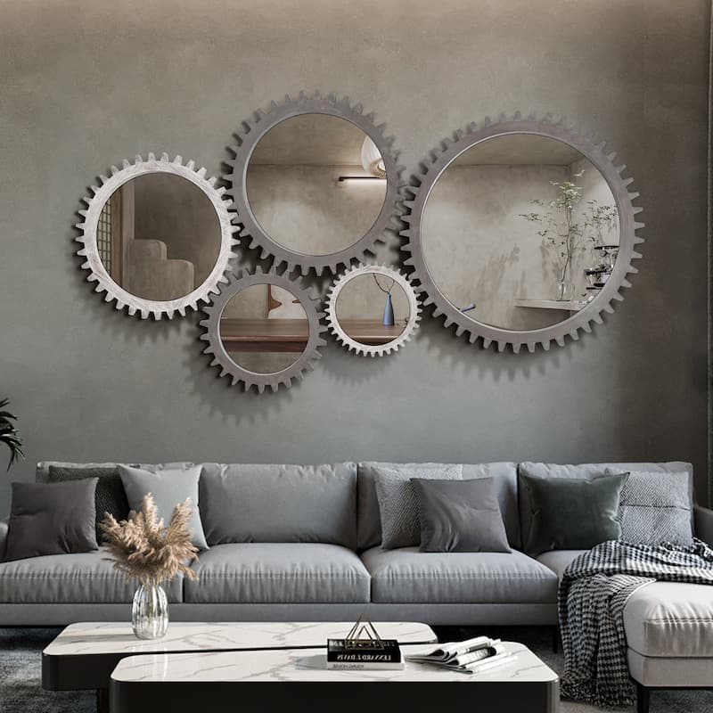 Vintage 34"x34"Wood Round Hanging Gear Shape Heavy Decorative Mirror For Bathroom Living Room Entryway Or Put Together