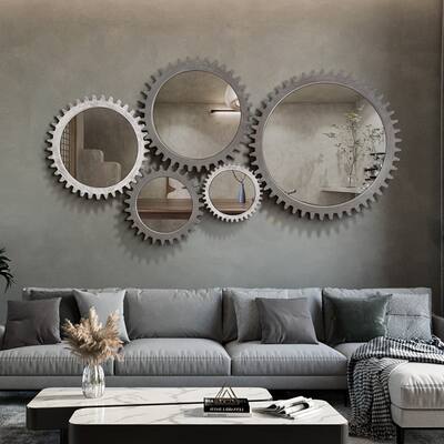 Vintage round gear shape mirror decoration, bathroom, living room entrance
