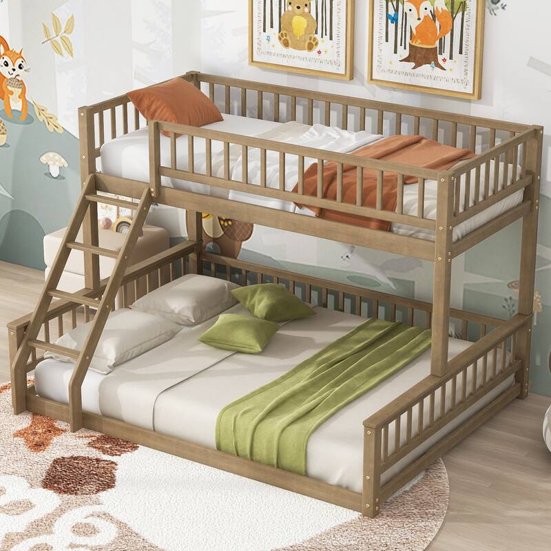 Twin XL over Queen Bunk Bed with Ladder and Guardrails - Walnut