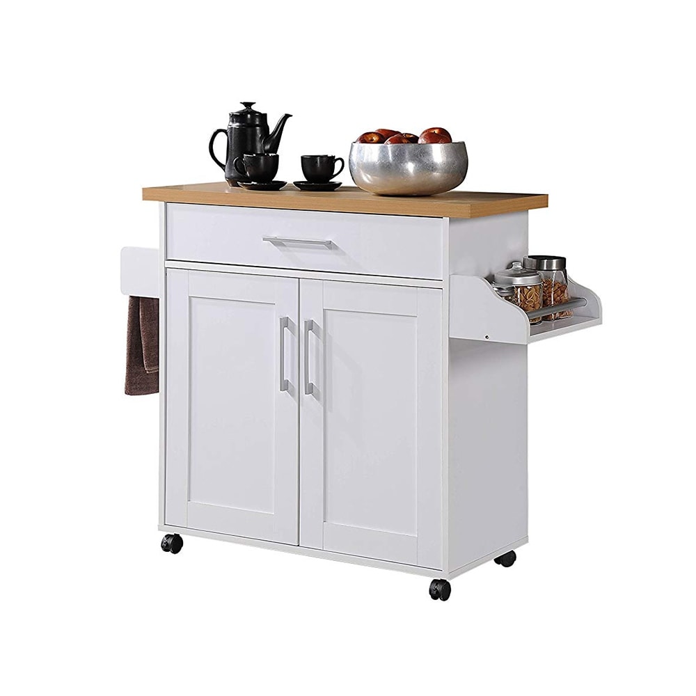 Hodedah Import Wheeled Kitchen Island w Spice Rack Towel Holder White Beech 64