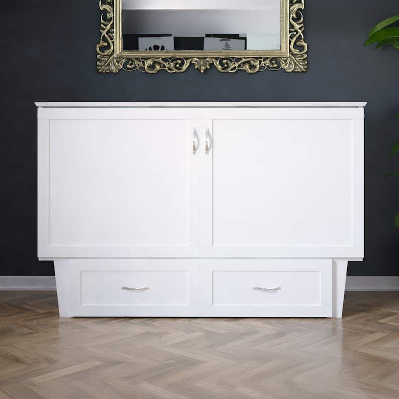 Monroe Queen Murphy Bed Chest with 6" Mattress, Storage Drawer & Built-In Charger in White