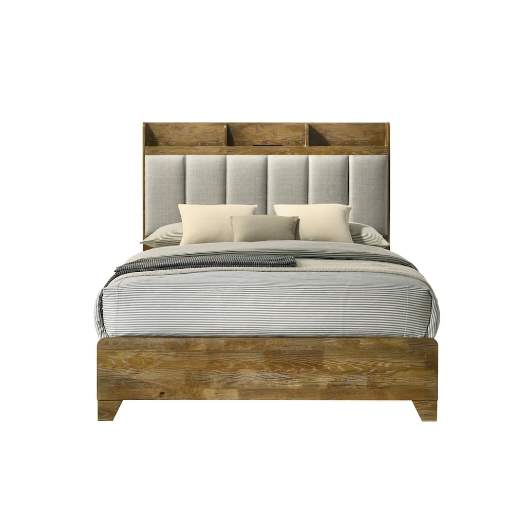 Queen Bed with USB Ports, Solid Rubber Wood Construction, Transitional Style, Requires Box Spring