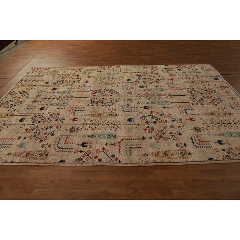 Hand Knotted Oriental 100% Wool Carpet Traditional All-Over Multi-Colored Ziegler Area Rug - 9' 8'' X 6' 3''