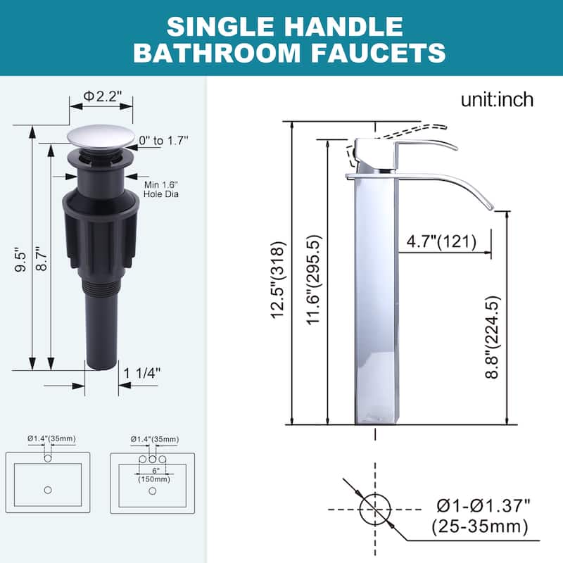 WOWOW Single Handle Single Hole Waterfall Bathroom Vessel Faucet