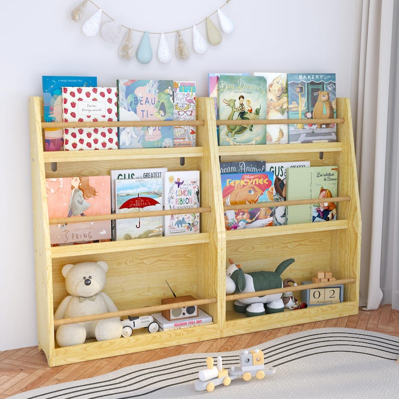 Anmytek 3-Tier Kids Wall Bookshelf with Slanted Front & Guardrails, Pastel Finish Wooden Display for Bedroom
