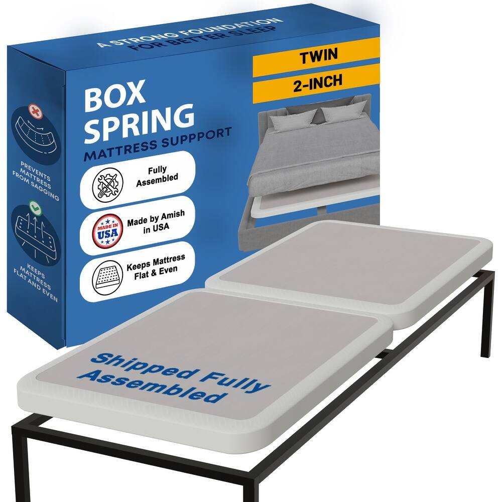 Box Spring Bed Base, 2" Wood Foundation, Quiet Noise Free, 2-Pieces Under Mattress-Support Box Spring, Fully Assembled, White
