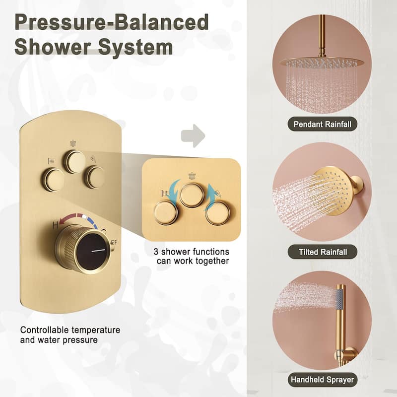 Pressure Balanced 3-Spray Patterns 2.5 GPM 12 in. Dual Shower Head Ceiling Mount Fixed and Handheld Shower Head - 12" x 12"