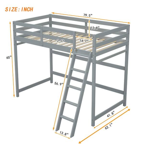 dimension image slide 1 of 2, Twin Size High Loft Bed with inclined Ladder and Guardrails, Grey