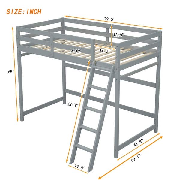 dimension image slide 1 of 2, Twin Size Kids Bed High Loft Bed with inclined Ladder and Guardrails Kids Furniture, Grey
