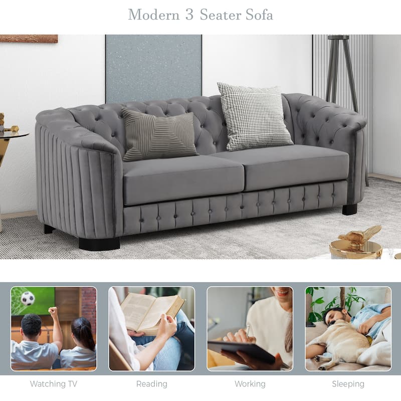 Roomfitters 82.4" Mid Century Modern Velvet Sofa Couch with Rubber Wood Legs and Thick Removable Seat Cushion, 3-Seater