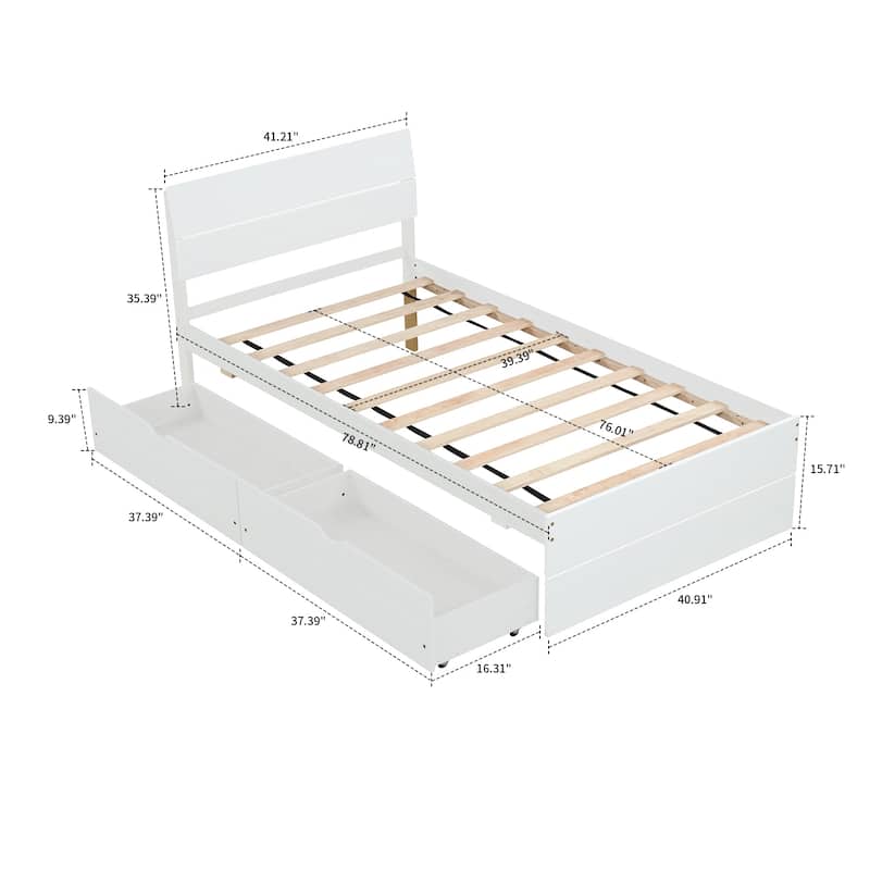 Modern Farmhouse Style Twin Size Wooden Platform Bed Frame with 2 Underbed Drawers