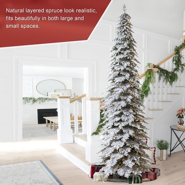Glitzhome 15 Foot Pre Lit Flocked Pencil Spruce Artificial Christmas Tree with 1400 LED Lights 15ft