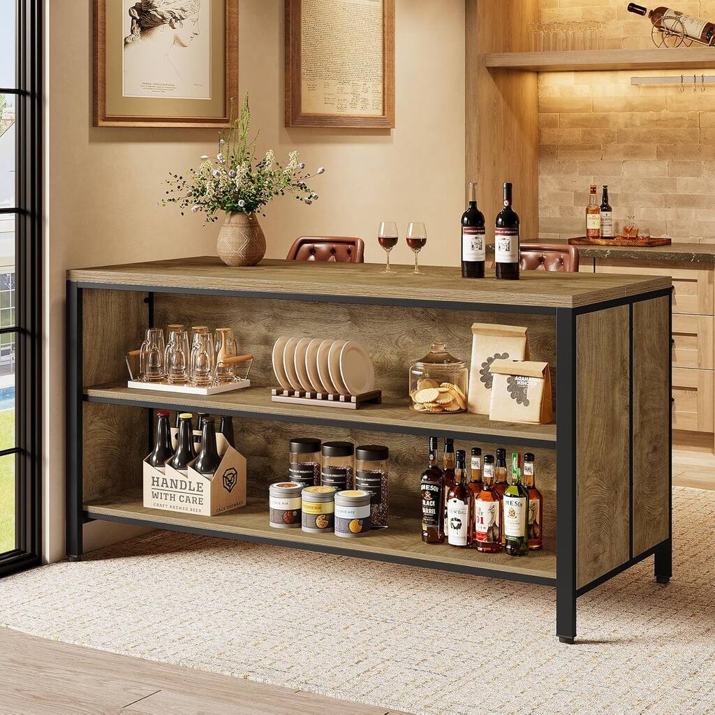 63-Inch Stationary Kitchen Island with Storage Shelves and Large Worktop, Farmhouse Style - 62.99" W × 23.62" D × 35.43" H
