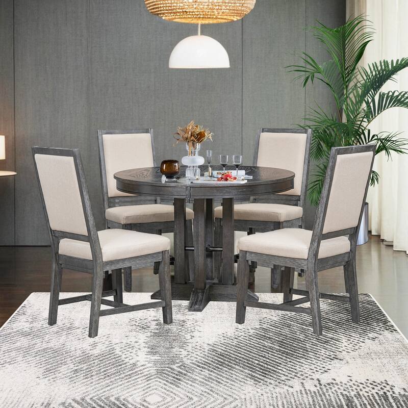 5-Piece Dining Set Extendable Round Table and 4 Upholstered Chairs Farmhouse Dining Set for Kitchen, Dining Room - Black
