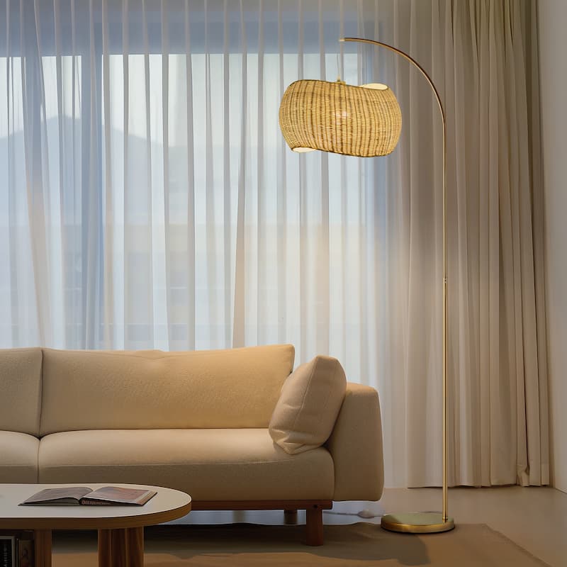 Brightech Wave 81 in. Antique Brass Mid-Century Modern LED Super Bright Floor Lamp with Beige Bamboo Drum Shade
