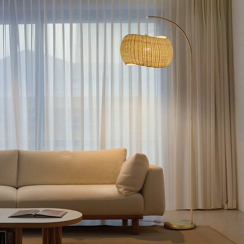 Brightech Wave 81 in. Mid-Century Modern LED Super Bright Floor Lamp with Beige Bamboo Drum Shade