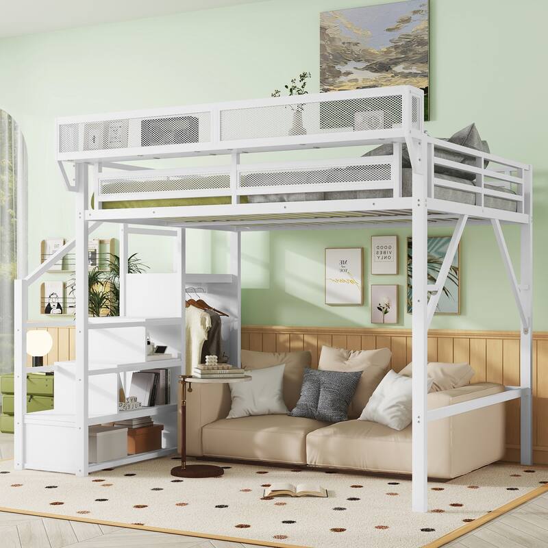 Heavy Duty Metal Storage Loft Bed with Bedside Shelf and Under Bed Storage, Iron High Loftbed Frame with Built In Wardrobe