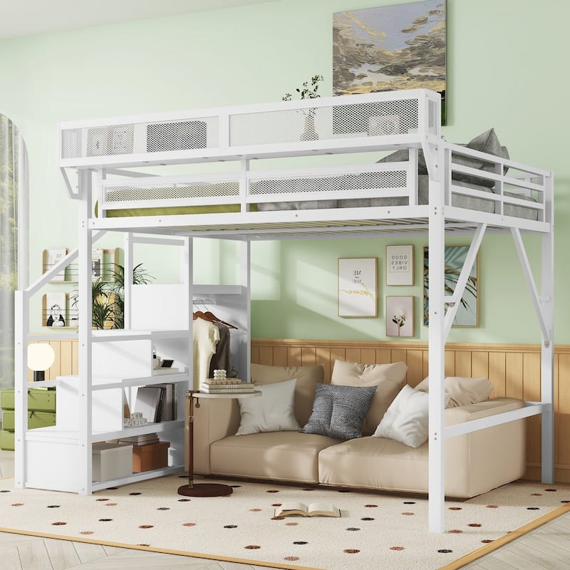Metal Queen Size Loft Bed with Stairs,Wardrobe and Shelves