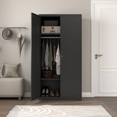 Metal Wardrobe Armoire Bedroom Storage Cabinet with Lock & Hanging Rod