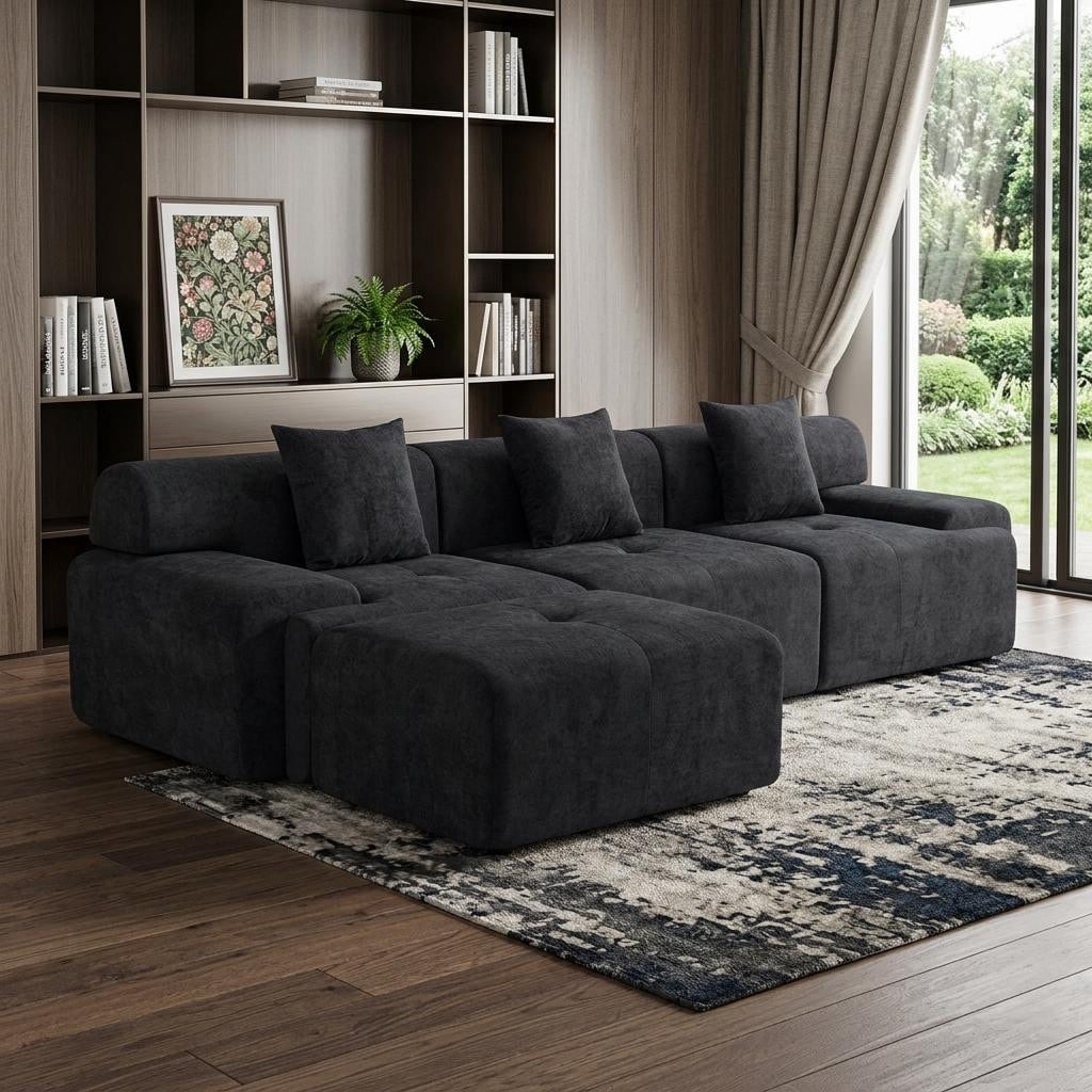 HomeRoots 118" Black Chenille Modular Sofa With Ottoman And Toss Pillows
