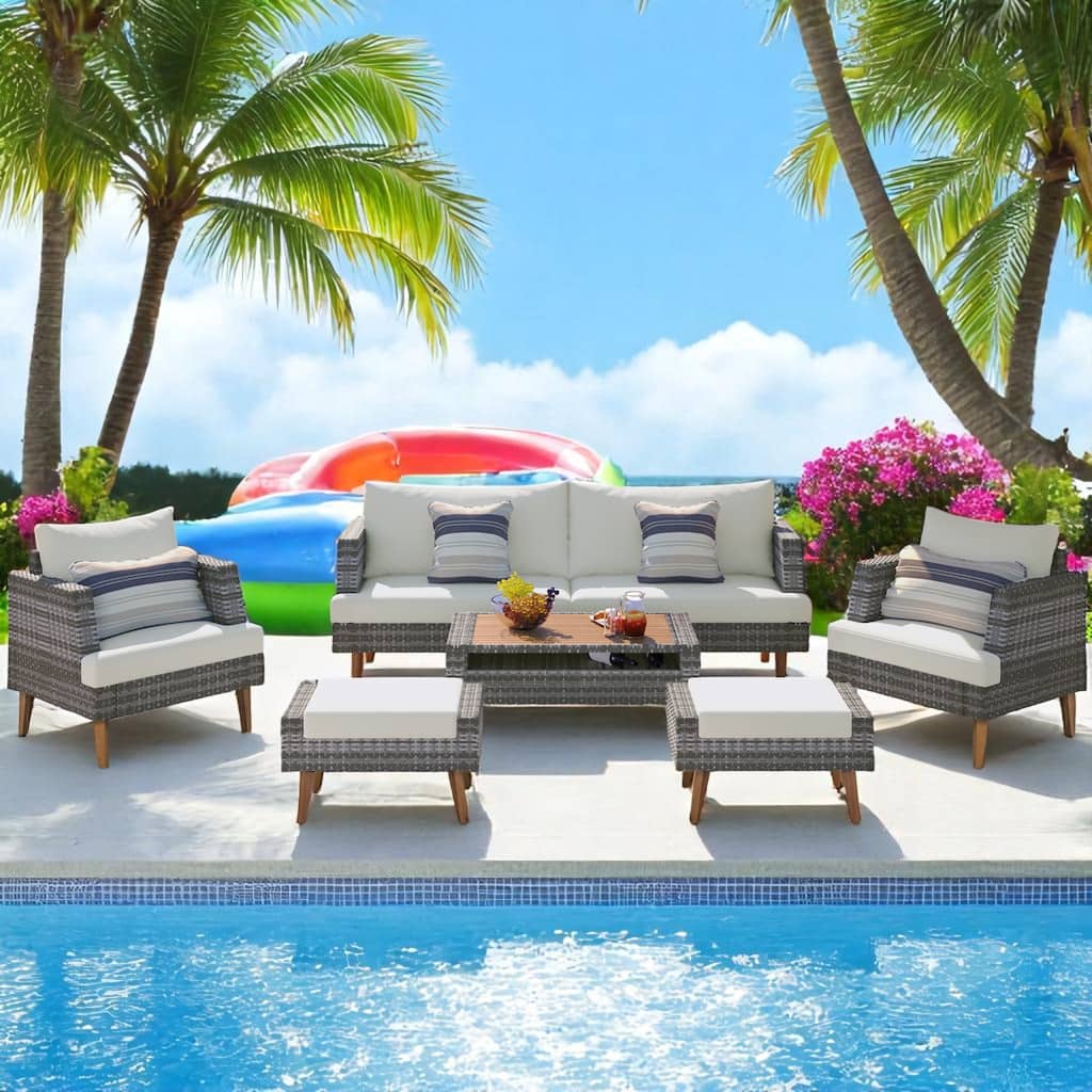 6-Piece PE Wicker Patio Furniture Set with Loveseat, Single Chairs, Ottomans, Cushions & Pillows, Coffee Table with Glass Top