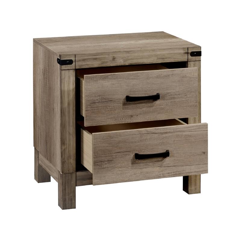 Contemporary Tall Two Drawer Nightstand, Rustic Brown Finish