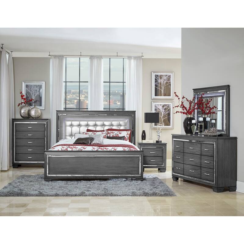 Glamorous Gray Nightstand, 2 Drawers, LED Lighting, Faux Crystals, Bar Pulls