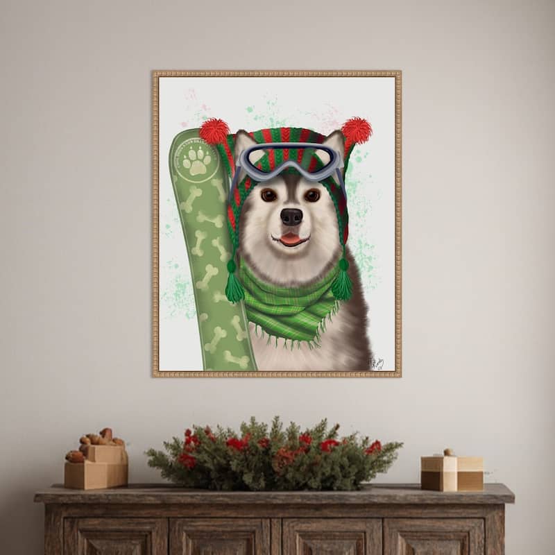 Husky Snowboard by Fab Funky (23 x 28 in.), Framed Canvas Wall Art Print - Sylvie Beaded Rustic Natural