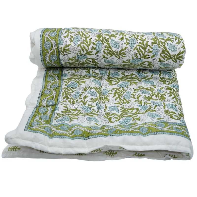 Fabdivine Luxury Hand Block Printed Cotton Quilt - Hand Stitched Thorny Stems Blue Green, Reversible Bedspread for Bedroom Décor