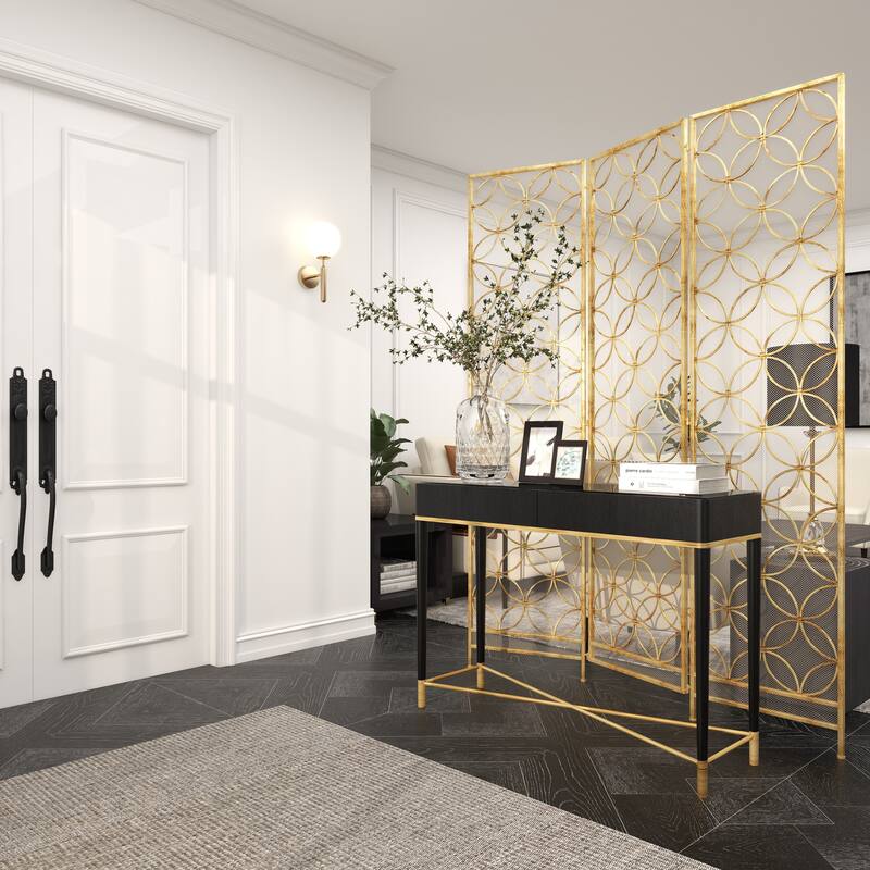 Brass Metal Hinged Foldable Partition 3 Panel Geometric Partition Room Divider Screen - 57 x 79
