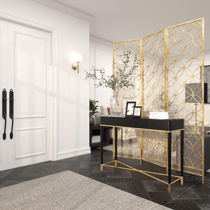 Metal Geometric Hinged Foldable Partition 3 Panel Partition Room Divider Screen - Brass - Roche River Decor