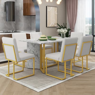 Elegant 7-Piece Modern Dining Table Set, Artificial Marble Sticker Tabletop