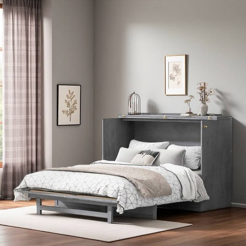 Queen Size Solid Wood Murphy Bed with Storage Drawers, USB Ports, and Space-Saving Design - Gray