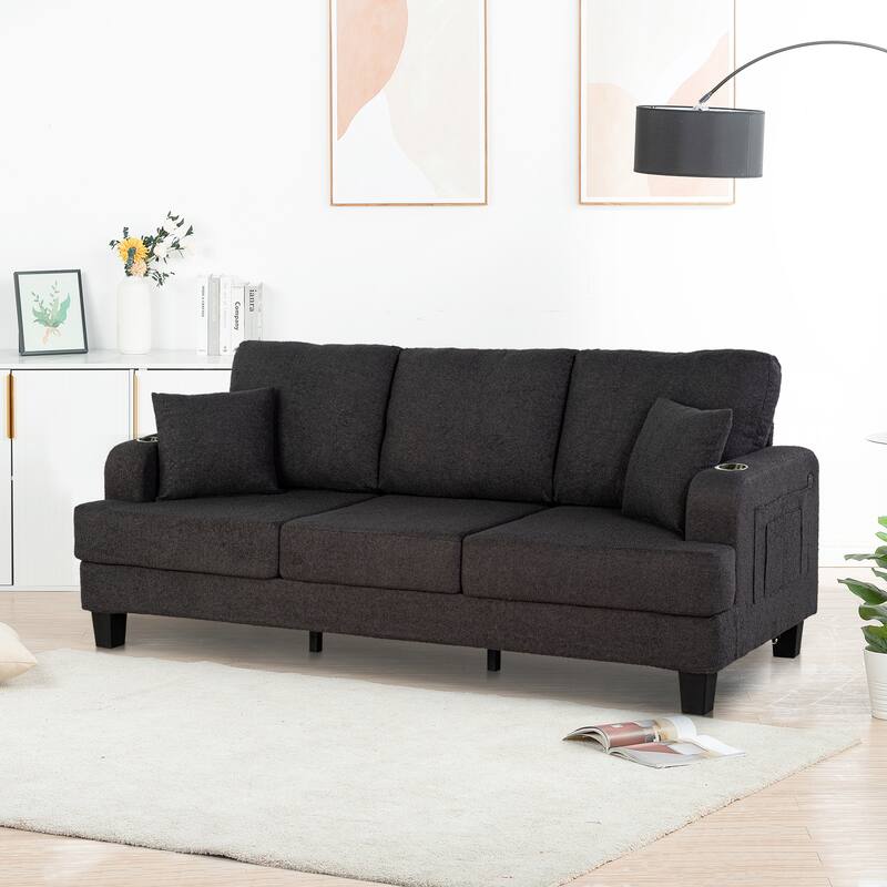 Modern Black Fabric USB Sofa with 2 Cup Holder and 2 Pillows